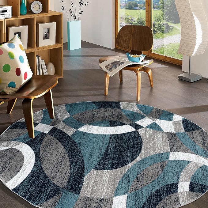 Rugshop Abstract Circles Contemporary High Traffic Round Rug Blue 6'6" | Round, Living Room, Bedroom, Dining Room, Home Office, Kitchen, Entryway, Hallway, Nursery, Kids Room, Guest Room
