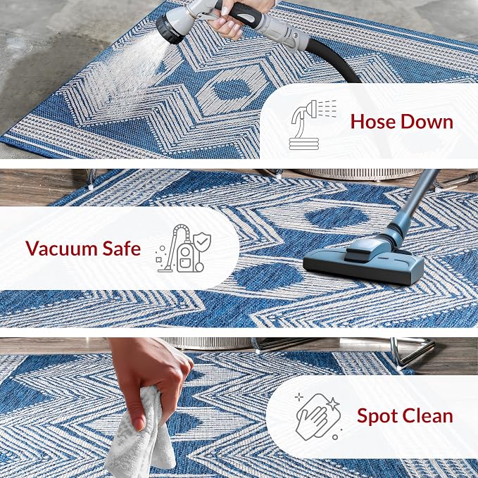 Nuloom Ranya Blue/Ivory, 6'7" Round, Tribal Geometric, Soft and Cozy, High Traffic, Stain Resistant, Easy Clean, Durable Area Rug for Indoor/Outdoor Patio, Deck, Porch, Garden, Courtyard
