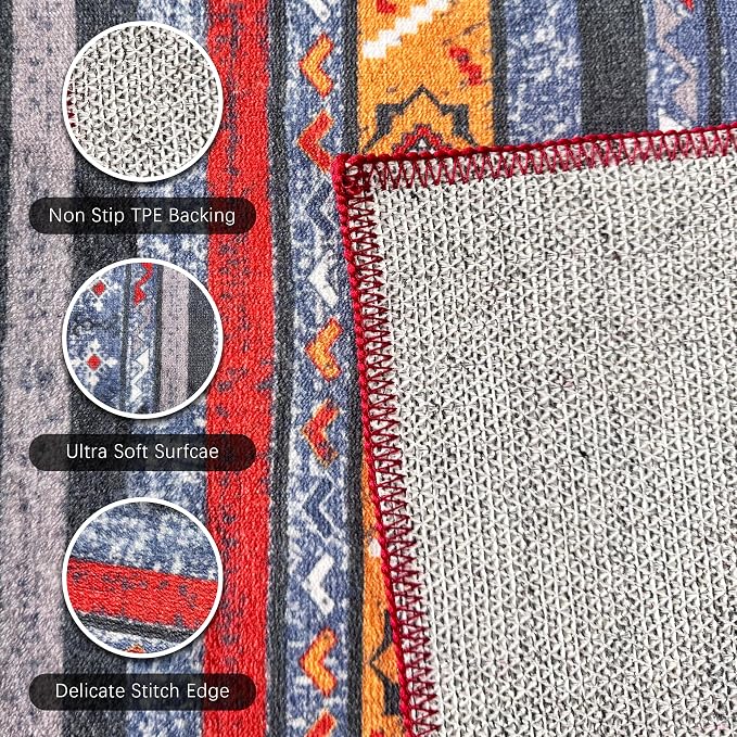 Washable Area Rugs 3' x 5 ' - 1/6 Thick - Moroccan-Inspired -Stain & Water Resistant Non-Slip - Resistant Rug for Living Room, Bedroom, Nursery, Pet & Child Friendly (Blue and Red)