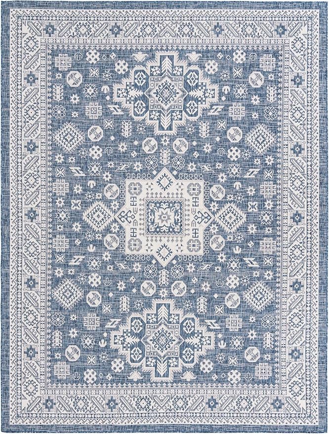 Unique Loom Outdoor Aztec Collection Area Rug - Chalca (9' x 12' Rectangle, Blue/ Ivory)