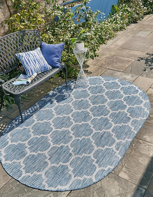 Unique Loom Trellis Collection Area Rug-Lattice Design, Moroccan Inspired for Indoor/Outdoor Décor, 5' 0" x 8' 0" Oval, Navy Blue/Gray