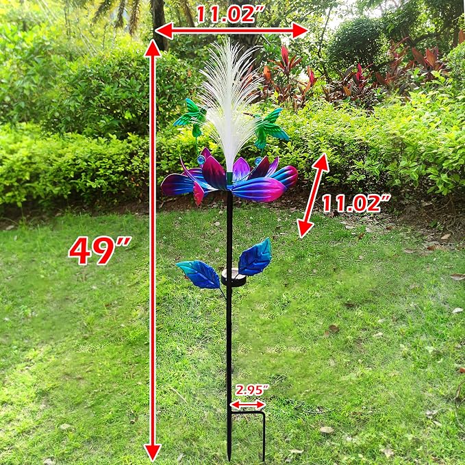Solar Hummingbird Wind Spinners, Solar Firework Lights Garden Décor, Metal Lotus Flower Windmill Colour Changing Optical Fiber Lights Yard Decoration, Outdoor Wind Sculpture for Lawn Patio,Balcony