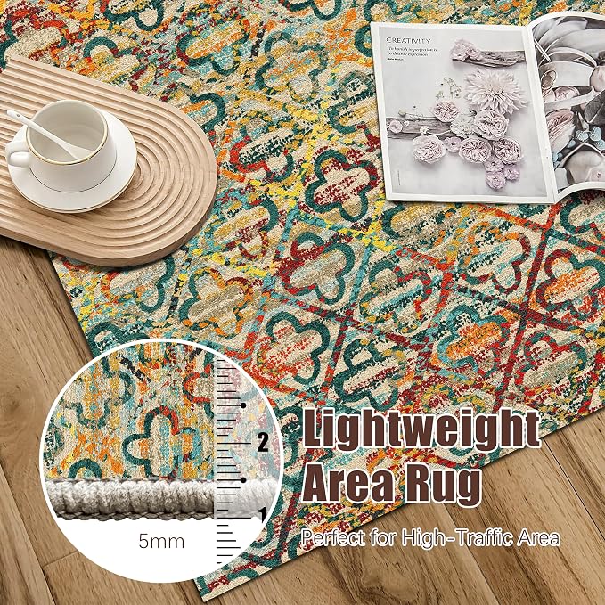 Washable Area Rugs, 9' x 12' - 1/6 Thick - Stain & Water Resistant Non-Slip - Perfect Resistant Rug for Living Room, Bedroom, Nursery, Pet & Child Friendly, Vibrant Colors Rugs, Multicolor