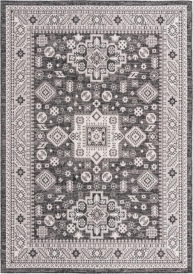 Unique Loom Outdoor Aztec Collection Area Rug - Chalca (7' 10" x 11' Rectangle, Charcoal Gray/ Ivory)