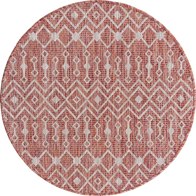 Unique Loom Outdoor Trellis Collection Area Rug - Tribal Trellis (3' 3" Round, Rust Red/ Ivory)
