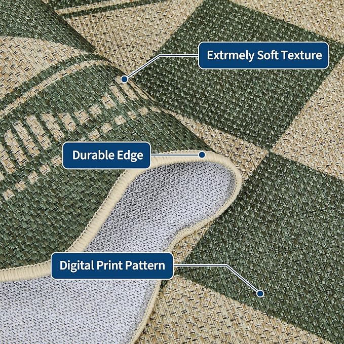 Garvee Easy Jute 8x10 Area Rug Scalloped Border Rugs for Living Room，Green | Indoor Outdoor Washable Rugs for Bedroom Non Slip Stain Resistant Low Pile Throw Rug for Dining Room Nursery