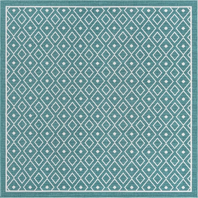 Unique Loom Outdoor Trellis Collection Area Rug - Kafes (7' 10" Square, Teal/ Ivory)