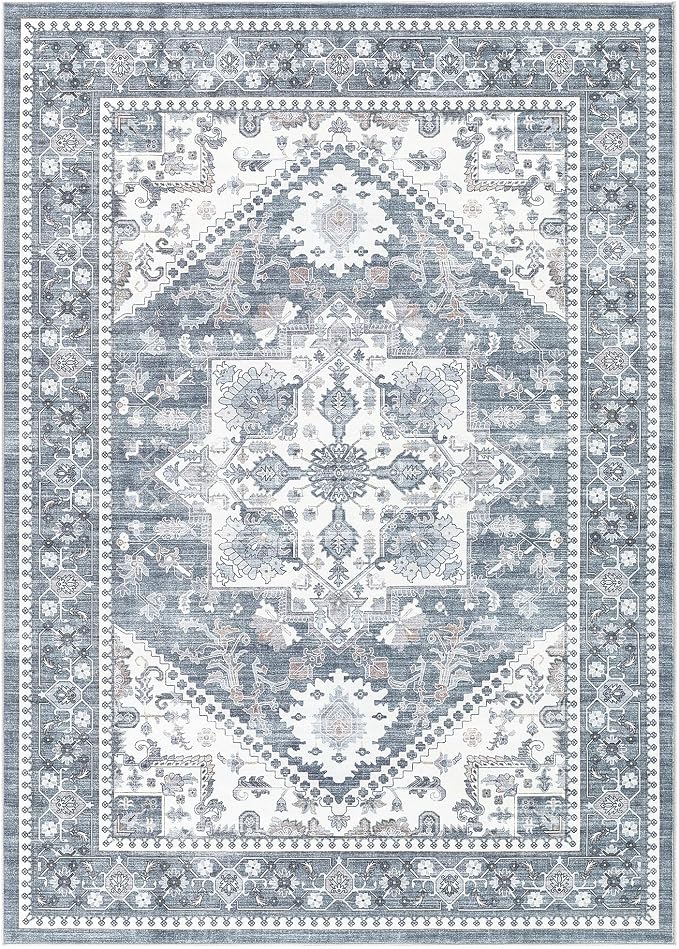 Washable Area Rug-9X12 Vintage Neutral Soft Blue | Non Slip Thin Foldable Large Floor Carpet for Living Room Bedroom Kitchen Dining Room Home Office Farmhouse Indoor