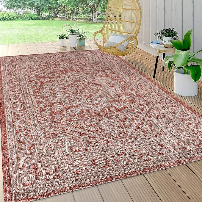 JONATHAN Y Medallion Weave Indoor Outdoor Area Rug 6X9 Red/Taupe, Sinjuri Textured for Backyard, Patio, Porch, Easy-Cleaning, High Traffic, Pet-Friendly, Non-Shedding (SMB101A-6)