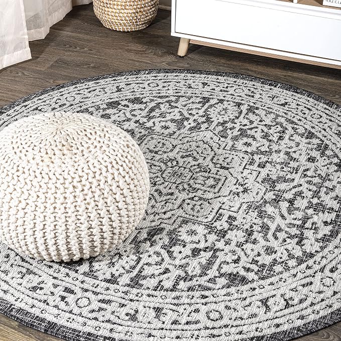 JONATHAN Y Medallion Weave Indoor Outdoor Round Area Rug 6 Ft Gray/Black, Sinjuri Textured for Backyard, Patio, Porch, Easy-Cleaning, High Traffic, Pet-Friendly, Non-Shedding (SMB101D-6R)