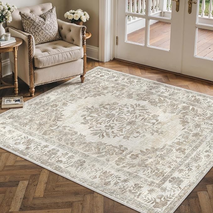 3x5 Washable Area Rug Entryway Cream Beige Vintage Small Doormat | Soft Low Pile, Non Slip, Stain Resistant, Floral Medallion, Neutral Retro Decor for Living Room, Bathroom, Bedroom, Office