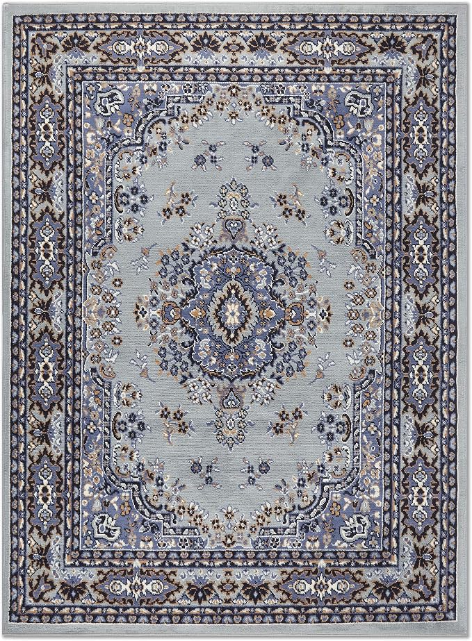 Home Dynamix Premium Sakarya Traditional Medallion Border Area Rug, Silver, 5'2"x7'4" Rectangle