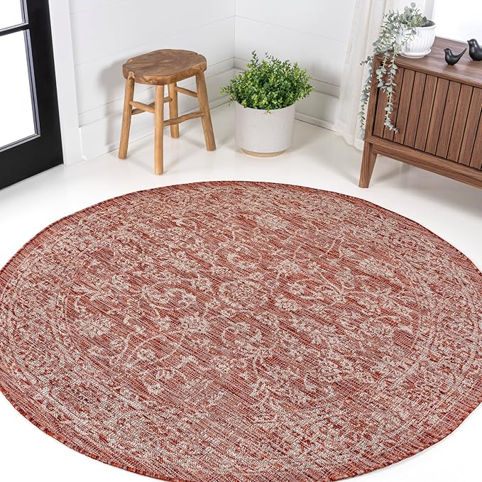 JONATHAN Y Weave Floral Indoor Outdoor Round Area Rug 6 Ft Red/Taupe, Tela Bohemian Textured for Backyard, Patio, Porch, Easy-Cleaning, High Traffic, Pet-Friendly, Non-Shedding (SMB100A-6R)