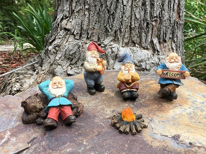 GlitZGlam Happy Gnomes Camp - 6 Piece Garden Gnome Set for The Miniature Fairy Garden