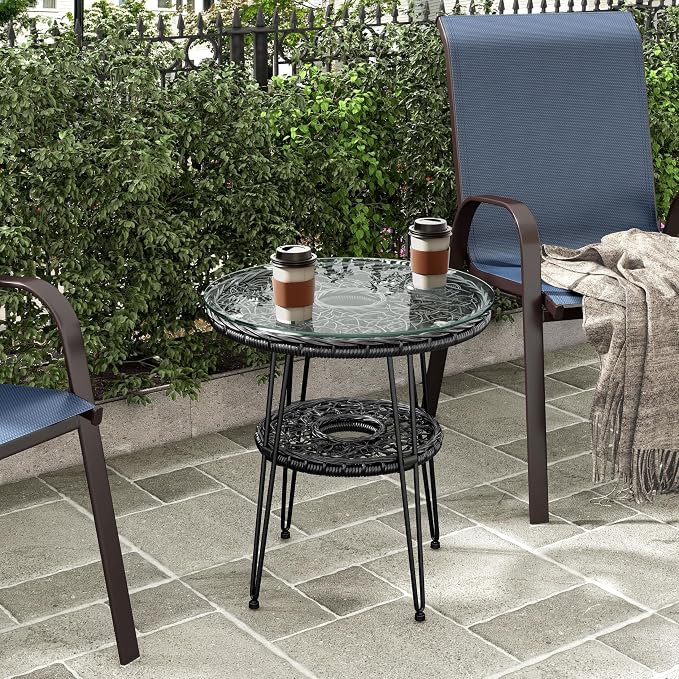Furniture of America Ysar Boho 19-inch Round Coffee Table Outdoor with Tempered Glass Top and Metal Frame, Handcrafted Coastal Furniture for Patio, Poolside, Garden, Yard, Black