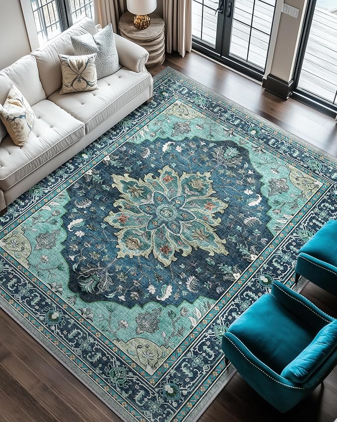 RELEANY Washable Area Rug, 6'x9', Teal | Non-Slip, Water Repellent, Pet Friendly, Easy to Clean, Vintage Floral Boho Decor for Living Room Bedroom Dining Room Office