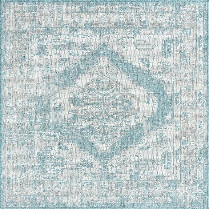 Unique Loom Outdoor Traditional Collection Area Rug - Valeria (5' 3" Square, Aqua/ Ivory)