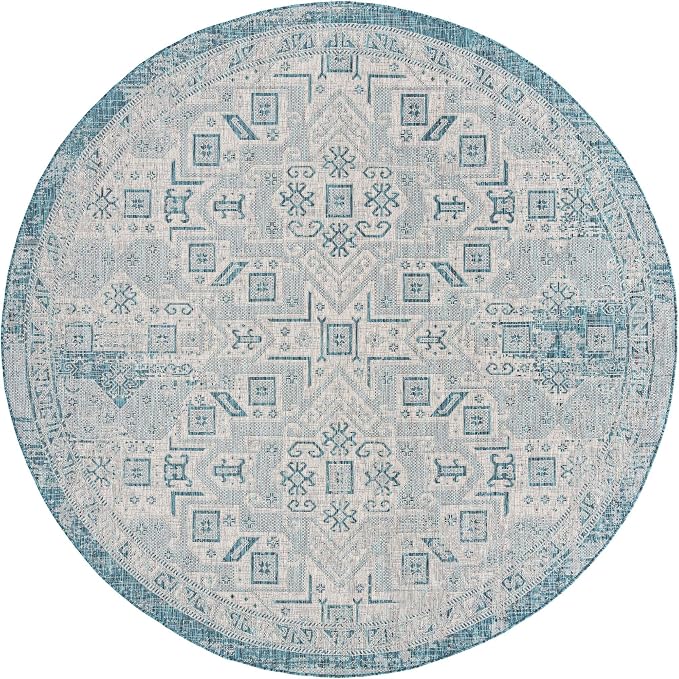 Unique Loom Outdoor Aztec Collection Area Rug - Coba (10' Round, Teal/ Ivory)
