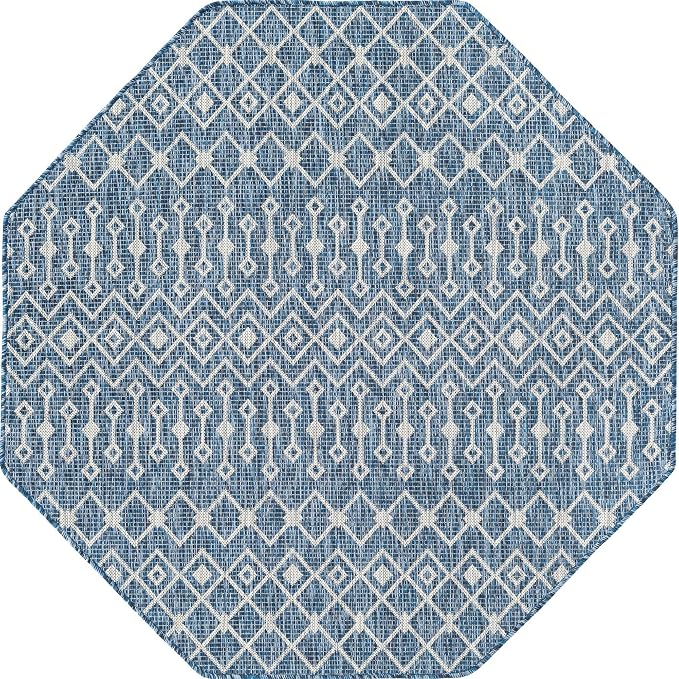 Unique Loom Outdoor Trellis Collection Area Rug - Tribal Trellis (5' 1" Octagon, Blue/ Ivory)