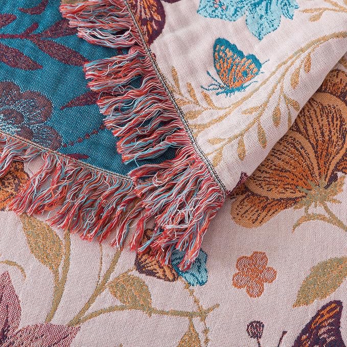 Phuryllic Boho Throw Blanket Queen Size, Soft Cozy Cotton Muslin Quilt Blanket for Bed Decor, Floral Patterned Couch Sofa Chair Cover, Vintage Farmhouse Cottage Tapestry Woven Blanket, Coral&Green