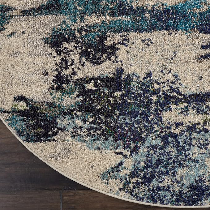 Nourison Home Celestial Ivory Teal Blue 7’10” x Round Area Rug - Easy Clean, Non Shedding, Bed Room, Living Room, Dining Room, Kitchen (8' x Round)