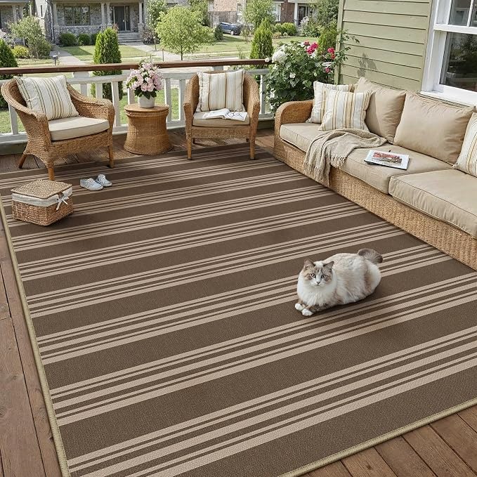 PureCozy Striped Easy Jute Rug 6x9 Brown Living Room Carpet Washable Non Slip Bedroom Rug Farmhouse Neutral Non Shedding Indoor Outdoor Large Carpet for Dining Room Under Table Office