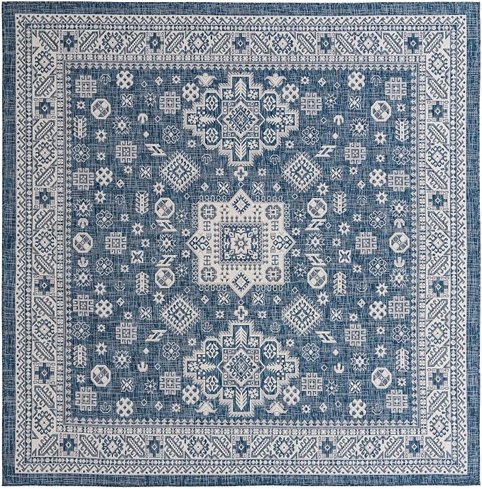 Unique Loom Outdoor Aztec Collection Area Rug - Chalca (10' Square, Blue/ Ivory)