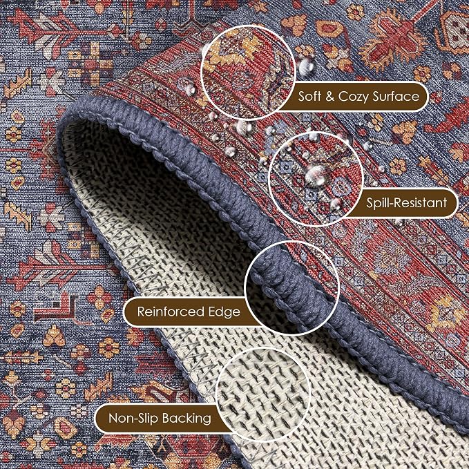 Washable Area Rug 8' x 10' Vintage Traditional Persian Mat - Foldable Distressed Non-Slip Machine Washable Carpet for Living Room Bedroom Kitchen Home Decor - Indigo and Crimson