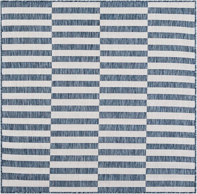Unique Loom Outdoor Striped Collection Area Rug - Striped (5' 3" Square Blue/Ivory)