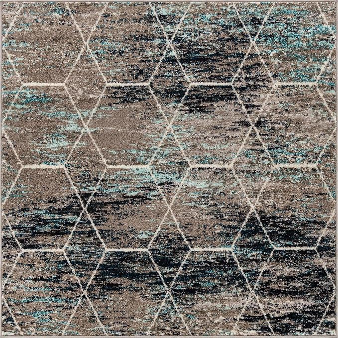 Unique Loom Trellis Frieze Collection Area Rug - Geometric (5' Square, Blue Multi/ Ivory)
