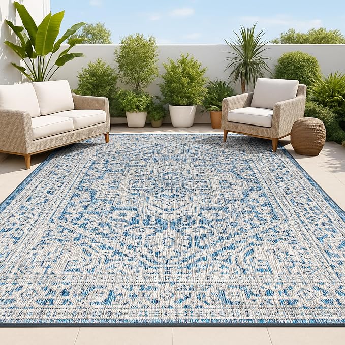JONATHAN Y Medallion Weave Indoor Outdoor Area Rug 9X12 Navy/Gray, Sinjuri Textured for Backyard, Patio, Porch, Easy-Cleaning, High Traffic, Pet-Friendly, Non-Shedding (SMB101B-9)