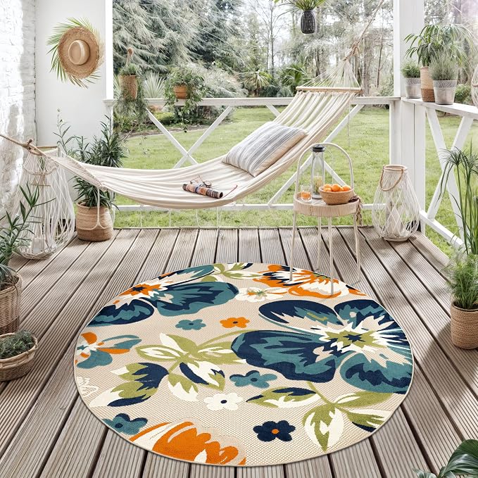 Rugshop Multi Bergamo Floral Indoor/Outdoor Round Area Rug Machine Washable for Patio, Deck and Seating Area, 8' Round