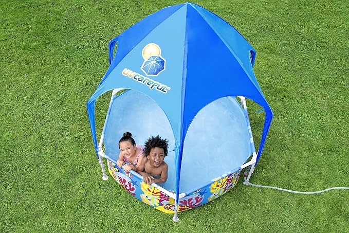 Bestway Steel Pro Frame Pool with Sun Protection Roof Splash-in-Shade Without Pump Diameter 183 x 51 cm Colourful Underwater Design Round