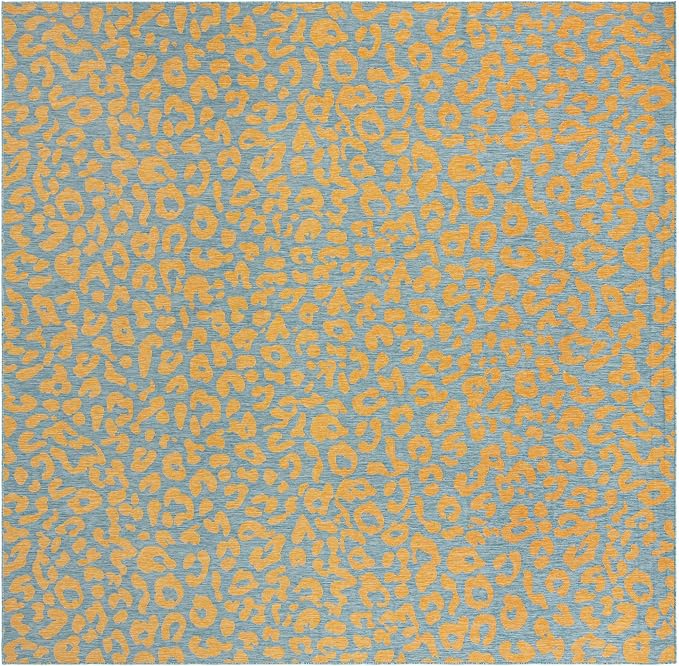 Unique Loom Outdoor Safari Collection Area Rug - Leopard (13' Square, Blue Yellow/ Blue)
