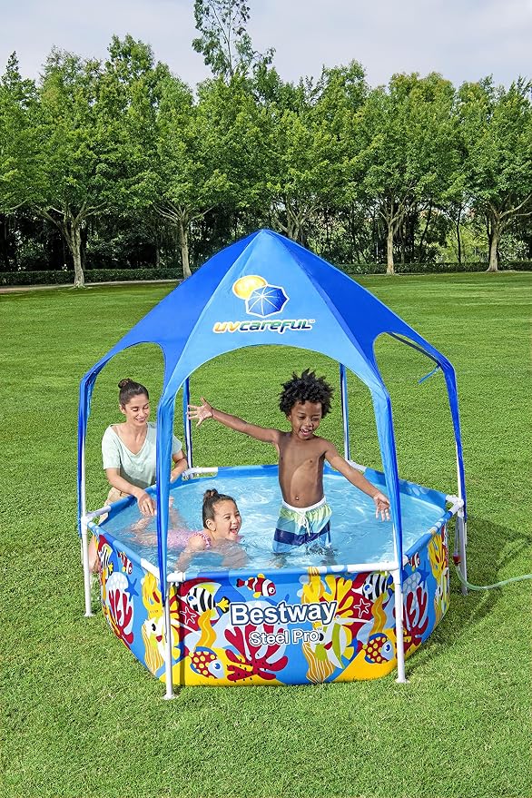 Bestway Steel Pro Frame Pool with Sun Protection Roof Splash-in-Shade Without Pump Diameter 183 x 51 cm Colourful Underwater Design Round