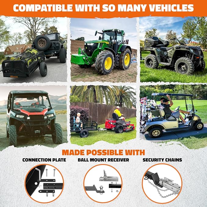 Mockins Heavy Duty 750 Lbs. Capacity UTV ATV Utility Trailer w/Cover & Net | Lawn Mower Trailer w/ Ramp, Jack Stand & 16" Wheels | Off-Road Steel Garden Dump Cart for Lawn Tractor , ATV Cart & More