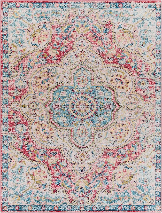 Livabliss Area Rugs - 8x10 Romaine Vintage Boho Rose Navy Sky Blue Area Rug for Living Room Bedroom - Floral Medallion Stain Resistant Carpet for Kitchen, Nursery, Office (7'10" x 10'3")