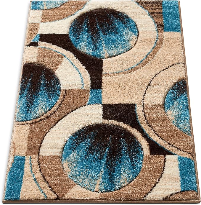 Well Woven Ruby Geometric 2x3 Mat Blue & Grey Vibrant Modern Contemporary Hand Carved Sunburst Design Perfect for Entryways & Small Spaces Plush Easy-Care Easy-to-Clean