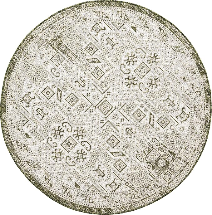 Unique Loom Outdoor Aztec Collection Area Rug - Coba (5' 3" Round, Green/ Ivory)