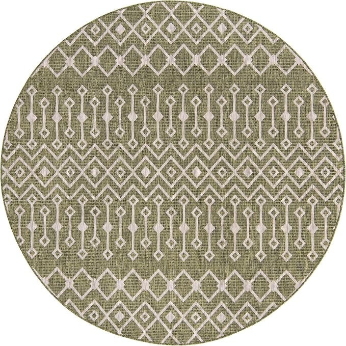 Unique Loom Outdoor Trellis Collection Area Rug - Tribal Trellis (10' 8" Round, Green/ Natural)