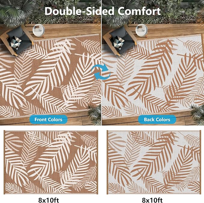 Kohree Outdoor Rug Waterproof 8x10, Reversible Outdoor Plastic Straw Rug with Leaf Pattern, Easy-Cleaning RV Mat Carpet for for Patio, Camping, Balcony, Deck, Backyard, Brown & Beige
