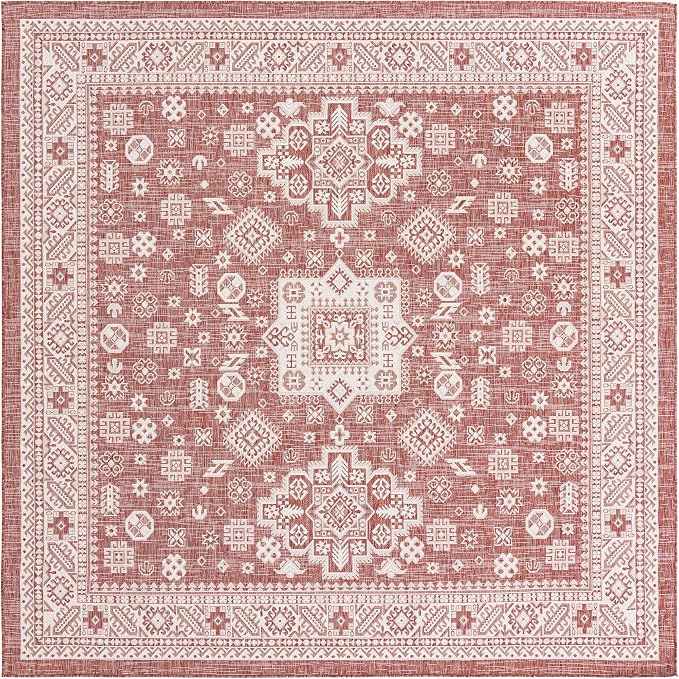 Unique Loom Outdoor Aztec Collection Area Rug - Chalca (10' Square, Rust Red/ Ivory)