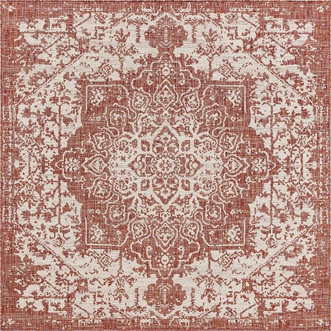 Unique Loom Outdoor Collection Area Rug - Dubai (7' 10' Square, Rust Red/ Ivory)