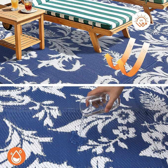 IDEALHOUSE Waterproof Outdoor Rug 9x12 for Patio, Foldable Reversible Area Rug, Large Plastic Straw Mat for Camping, RV, Porch, Backyard, Picnic, Beach, Blue & White
