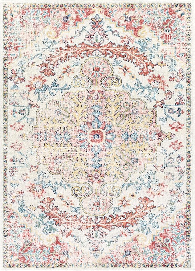 Livabliss Area Rugs - 5x7 Odelia Vintage Boho Red Off-White Blue Area Rug for Living Room Bedroom - Floral Medallion Stain Resistant Carpet for Kitchen, Nursery, Office (5'3" x 7'3")