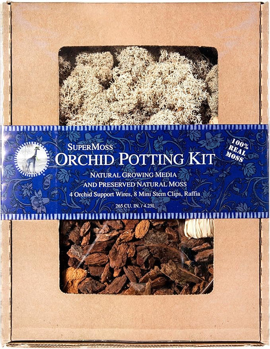 SuperMoss (90506) Orchid Potting Kit, Complete Orchid Care Set with Preserved Moss, Orchid Bark, Floral Clips and Stakes, 200 Cu. In., Reindeer Moss, Natural