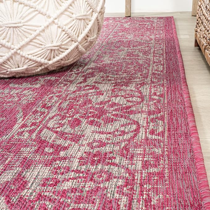 JONATHAN Y Weave Floral Indoor Outdoor Square Area Rug 5X5 Fuchsia/Light Gray, Tela Bohemian Textured for Backyard, Patio, Porch, Easy-Cleaning, High Traffic, Pet-Friendly, Non-Shedding (SMB100G-5SQ)