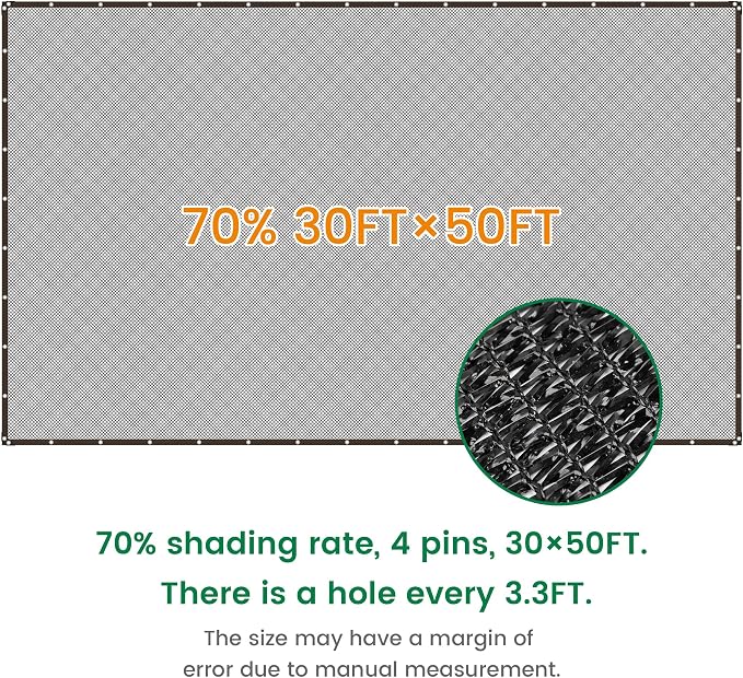 70% 30 X 50 FT Black Shade Cloth, Outdoor Sunblock Shade Cloth with Grommets, Durable Sun Shade Netting Shading Antifreezing for Patio, Garden, Plants Cover, Greenhouse, Barns, Dog Kennel