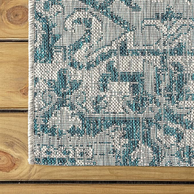 JONATHAN Y Boho Medallion Indoor Outdoor Round Area Rug 8 Ft Teal/Gray, Estrella Textured Weave for Backyard, Patio, Porch, Easy-Cleaning, High Traffic, Pet-Friendly, Non-Shedding (SMB105C-8R)