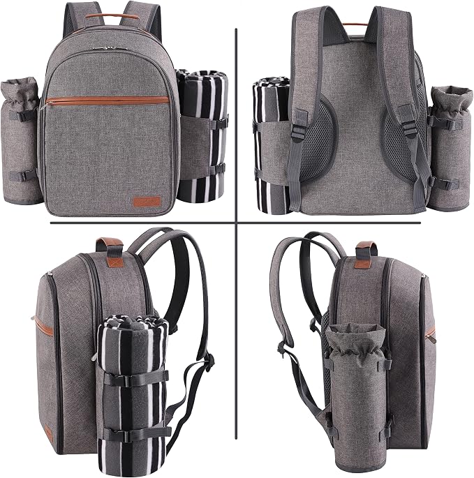 Apollo Walker Picnic Backpack Set for 2 Person with Cooler Compartment, Detachable Bottle/Wine Holder, Fleece Blanket, Plates and Cutlery Set